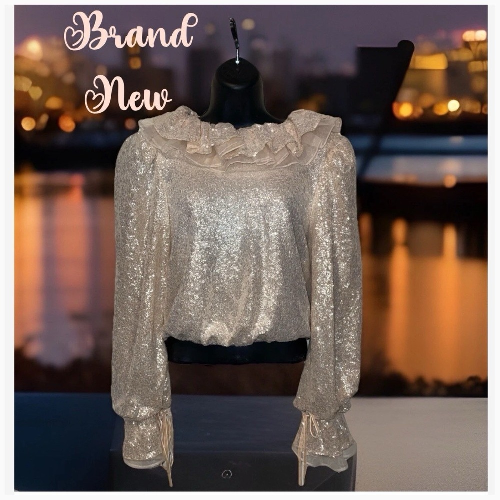 Antonio Melani Blouse Women S Champagne Sparkle Lined Balloon Sleeve Ruffle‎